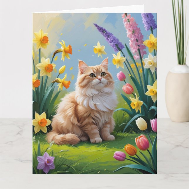 Cartão Pintura de Gato Angorá Turco com Flores da Primave (Frente)