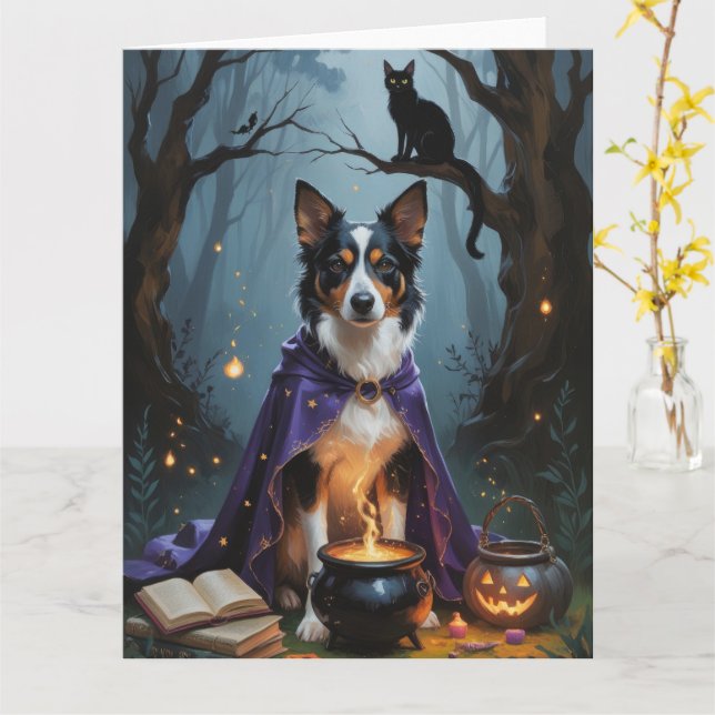 Cartão Pintura de Halloween Caprichosa do Cão Kelpie Aust (Flor Amarela)