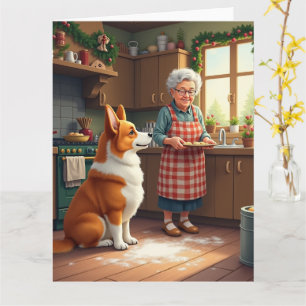 Cartão Pintura de Natal da Corgi Assando com a Vovó