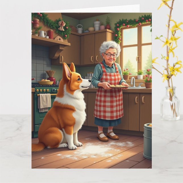 Cartão Pintura de Natal da Vovó com Corgi Assando (Flor Amarela)