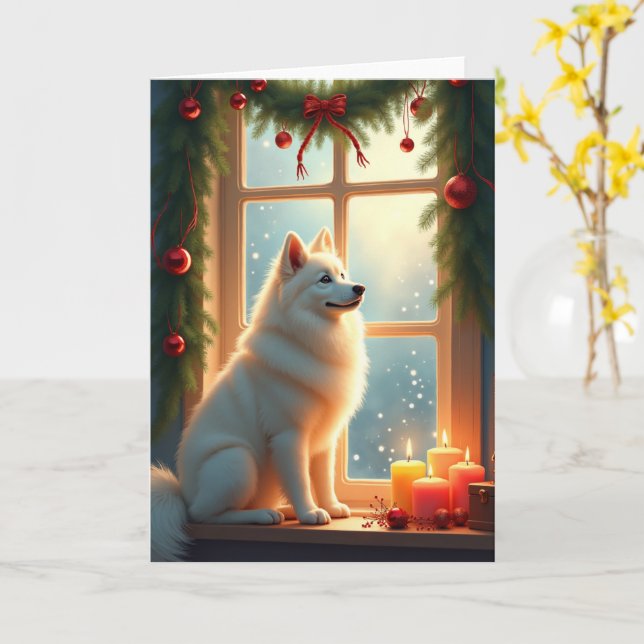 Cartão Pintura de Natal do Samoyed sob o Azevinho (Flor Amarela)