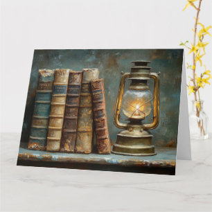 Cartão Pintura de Pilha de Livros Antigos Parede de Bibli
