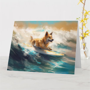 Cartão Pintura de Surf na Praia com Finnish Lapphund