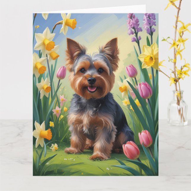 Cartão Pintura de Yorkshire Terrier com Flores de Primave (Flor Amarela)