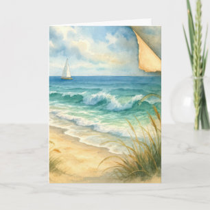 Cartão Pintura em Aquarela de Aniversário com Praia e Bar