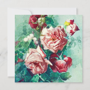 Cartão Pintura em Aquarela de Rosas Pink Elegantes Vintag