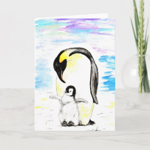 Cartão Pintura em aquarela do Pinguim Imperador e do filh