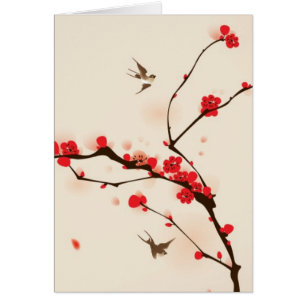 Cartão Pintura oriental do estilo, flor da ameixa no