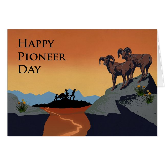 Cartão Pioneer Day, Handcart Pioneers Silhouette, Bighorn (Frente Horizontal)