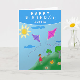 Cartão Pipas Fofas e Desenho de Menina Feliz Aniversário