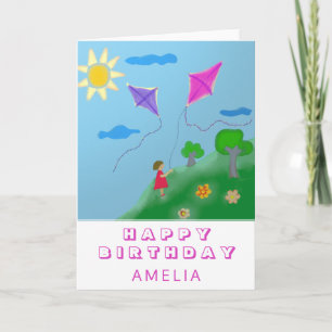 Cartão Pipas Fofoques e Desenho de Menina Feliz Aniversár