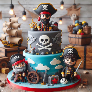 CARTÃO PIRATAS DIVERTIDOS COM BOLO DE ANIVERSÁRIO DE CRIA