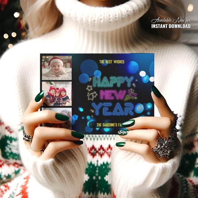 Cartão Pisca Neon Meio da Noite Brilho Ano Novo Preto & A (Criador carregado)