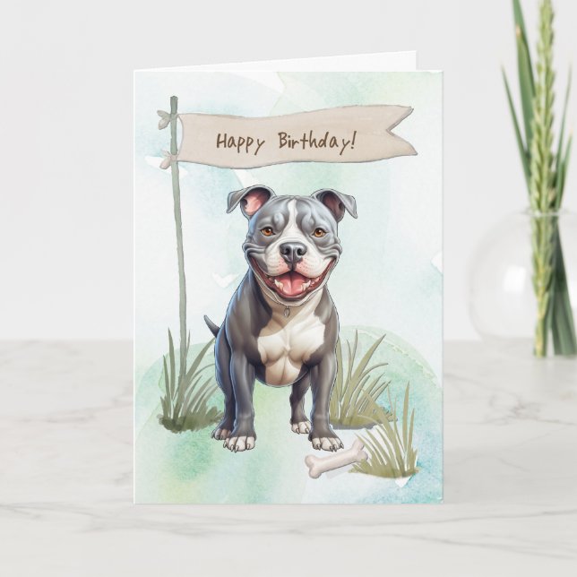 Cartão Pit Bull Terrier Dog Sob Sinal de Aniversário (Frente)