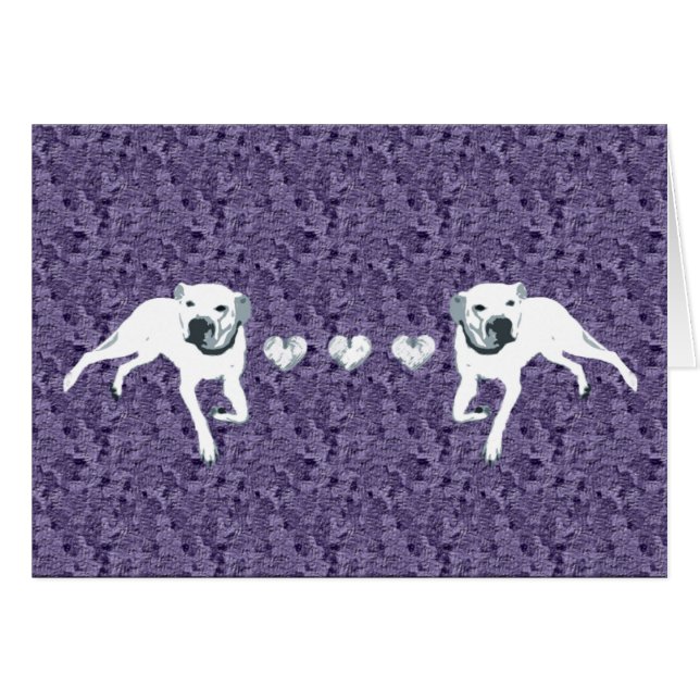 Cartão Pitbull americano branco com corações/roxo (Frente Horizontal)