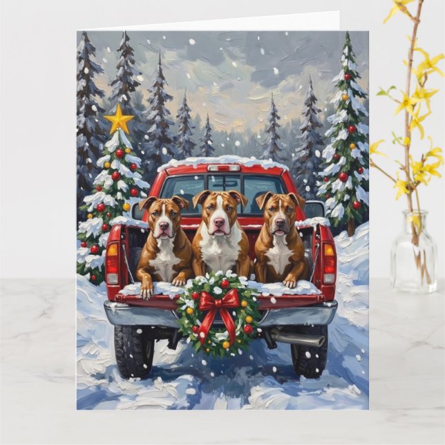 Cartão Pitbull Caminhão Vermelho de Natal Feriado (Flor Amarela)