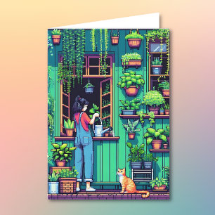Cartão Pixel Art Plant Lover Aniversário   Página de Colo