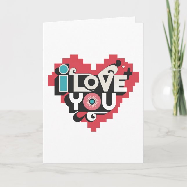 Cartão Pixel Heart Eu Te Amo Tipografia Retro (Frente)