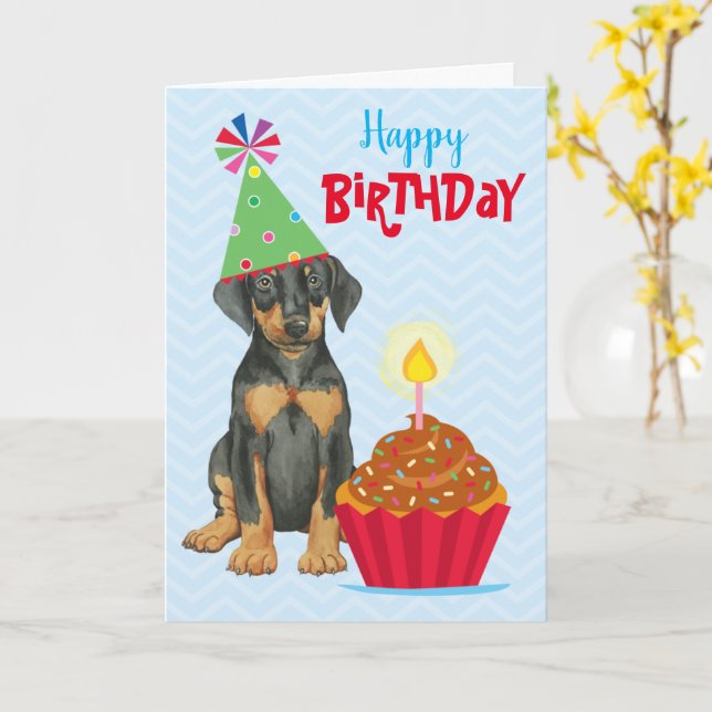 Cartão Placa Birthday Cupcake Doberman (Flor Amarela)