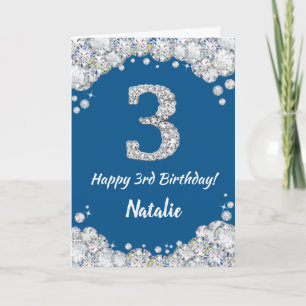 Cartão Placa brilhante aniversário de 3 anos azul e prate