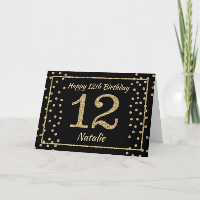 Cartão Placa Confetti 12 Birthday Black e Dourada Glitter (Frente)