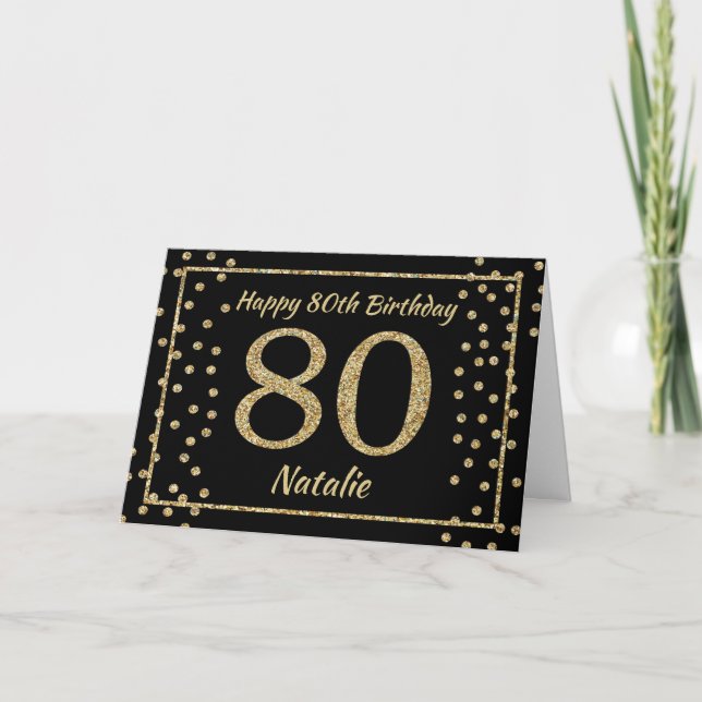 Cartão Placa Confetti 80 Birthday Black e Dourada Glitter (Frente)
