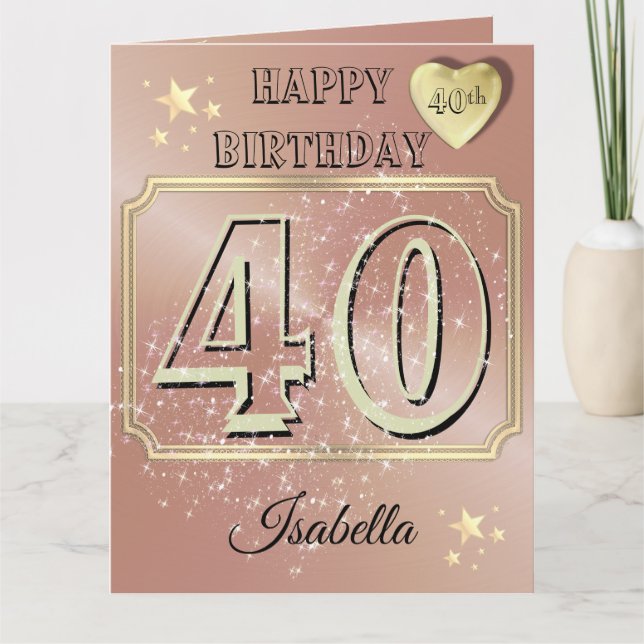 Cartão Placa de aniversário de 40 anos Dourada personaliz (Frente)