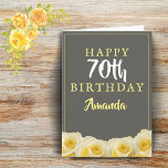 Cartão Placa de Aniversário de 70 Flor de Rosa Amarelo<br><div class="desc">Cartão de Aniversário de 70 Flor Floral de Rosa Amarelo. Lindas rosas amarelas. O fundo é cinza de quadro-negro. O texto está em cores brancas e amarelas e é facilmente personalizável - personalize-o com seu nome, idade e dentro de texto ou apague-o. Perfeito para uma mulher que comemora seu setuagésimo...</div>