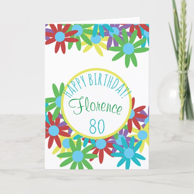 Cartão Placa de Aniversário de 80 Floral Personalizada (Frente)