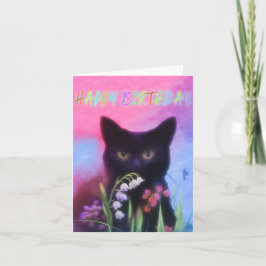 CARTÃO PLACA DE ANIVERSÁRIO DE GATO PRETO E FLORES