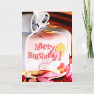 Cartão Placa de Bolo e Rosa de Birthday