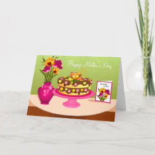 Cartão Placa de Dia de as mães de Bolo e Flores