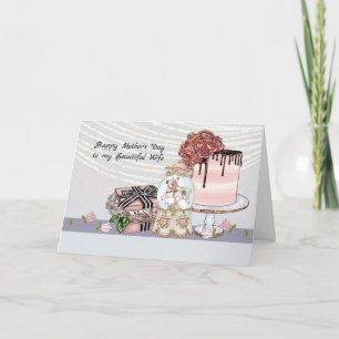 Cartão Placa de dia de as mães para Esposa com Bolo e Pre