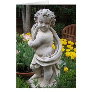 Cartão placa de estátua e tulipas
