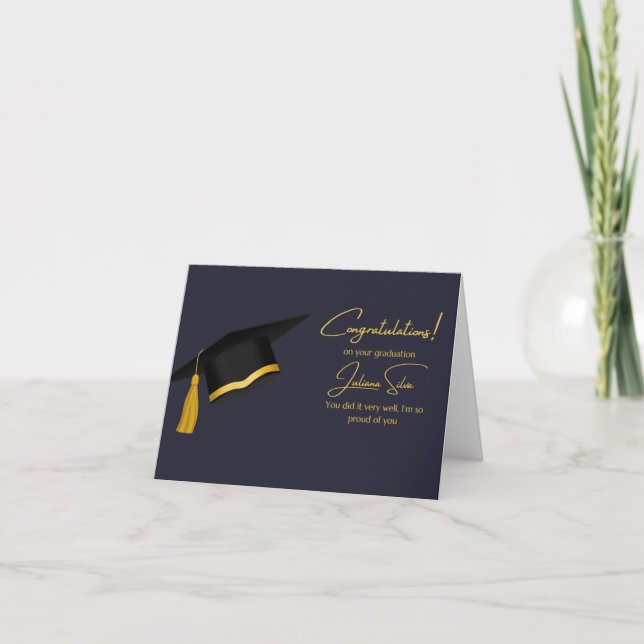 Cartão Placa de graduação Dourada e preta moderna com um  (Frente)