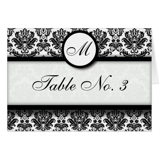 Cartão Placa de Mesa de Damasco Preto e Branco (Frente Horizontal)