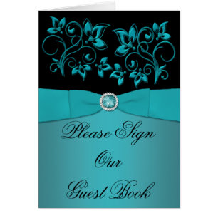 Cartão Placa de Mesa Floral Preta e Teal