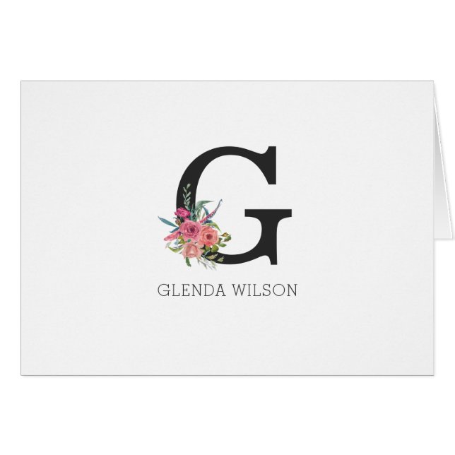 Cartão Placa de Nota de Monograma Floral Rosa Cor-de-Água (Frente horizontal)