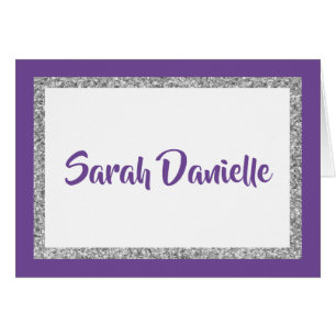 Cartão Placa de Nota Personalizada Glittery Purple e Silv