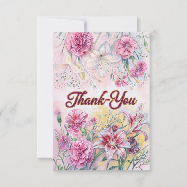 Cartão Placa de Obrigado Floral Elegante-You com rosa e D (Frente)