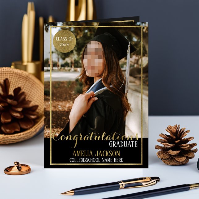 Cartão Placa de Parabéns de Graduação Preta e Dourada (Criador carregado)