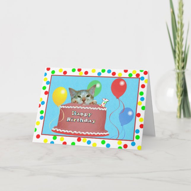 Cartão Placa de primeiro aniversario com Cat em um Bolo (Frente)