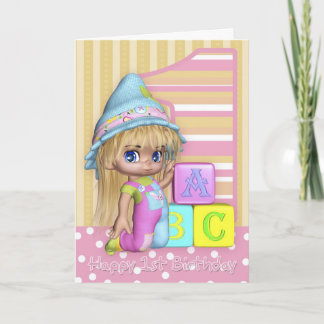 Cartão Placa De primeiro aniversario Com Garota E Blocos
