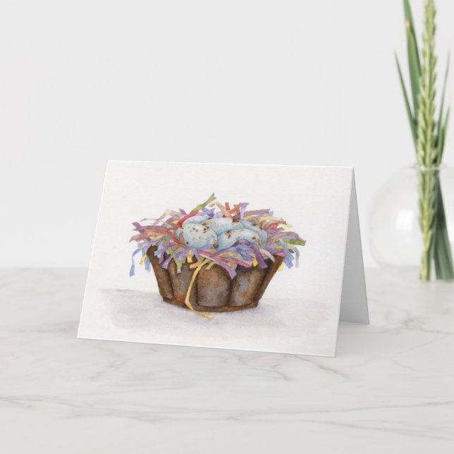 Cartão Placa de Saudação de Cesta de Ovos de Páscoa Vinta (Frente)