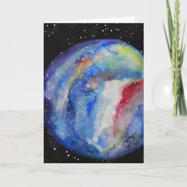 Cartão Placa de Saudação Planeta Espaço com Aquarela (Frente)