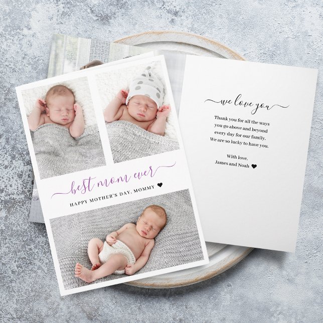 Cartão Placa dobrada de colagem de fotos do Dia de as mãe (Modern Mother's Day Photo Collage Folded Card)