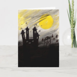 Cartão Placa Halloween de Aquarela de Cemitério Assombrad