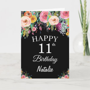 Cartão Placa Preta de Flores Florais com 11 Birthday Wate