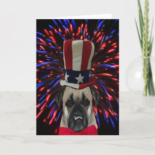 Cartão Placa Pug and Fireworks do dia 4 de julho