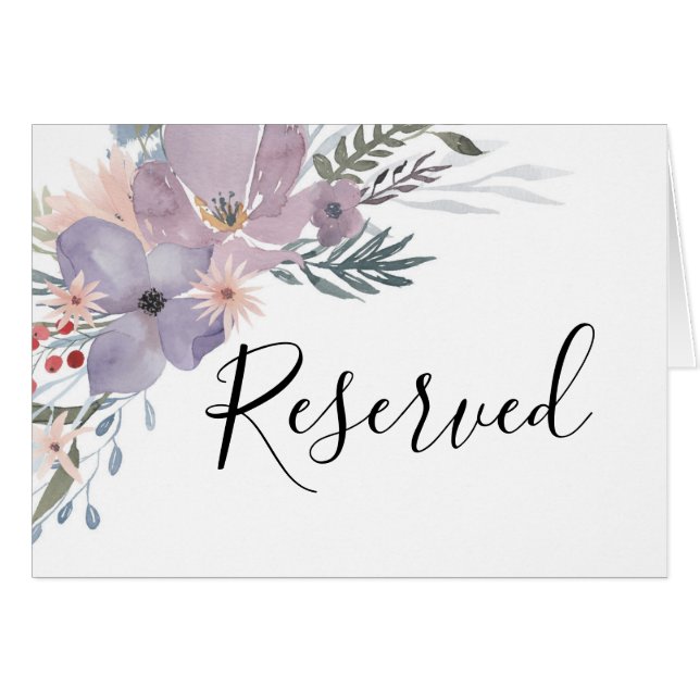 Cartão Placas de reservado com flores roxas. Casamento bo (Frente horizontal)
